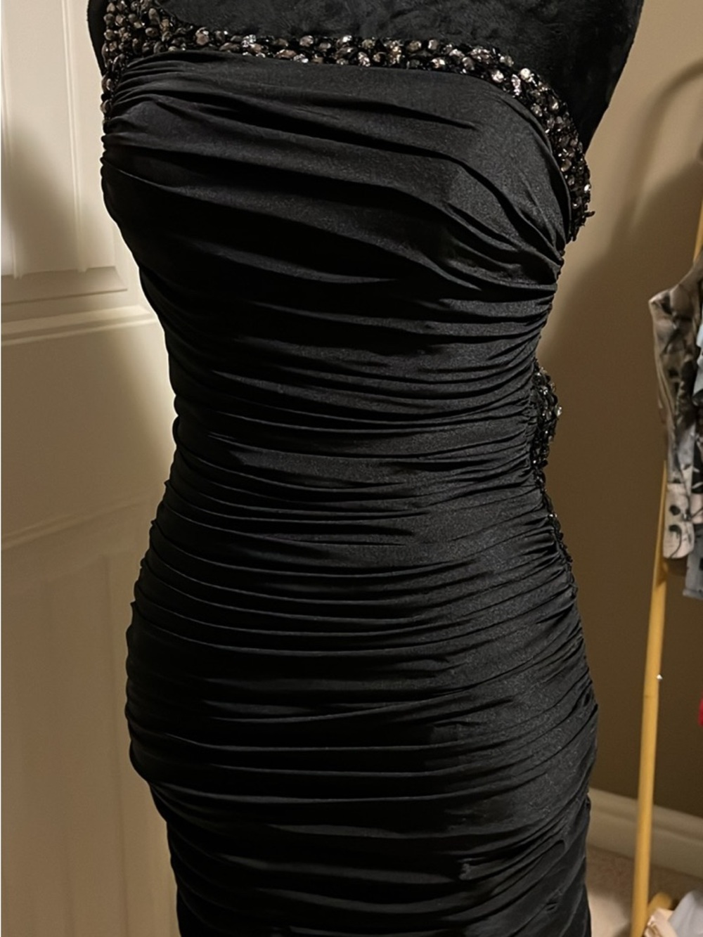 La Femme Black Backless Ruched Bodycon Dress with Beautiful Beaded Trim